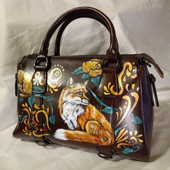Unique HAND PAINTED Genuine LEATHER Brown *NWT* Handbag Orange Fox Gold Flowers - Picture 2 of 12